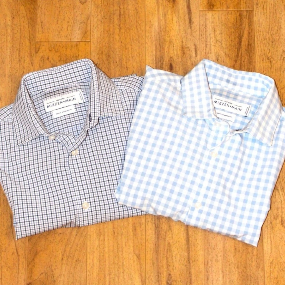 Mizzen + Main Shirt Lot Men Medium Blue Gingham Micro Check Leeward Standard Fit
